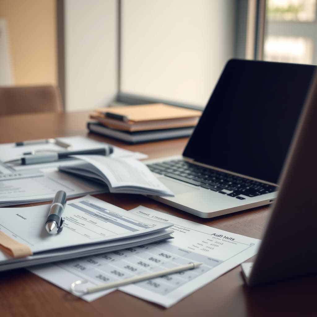 Audit documentation and records arranged on a desk