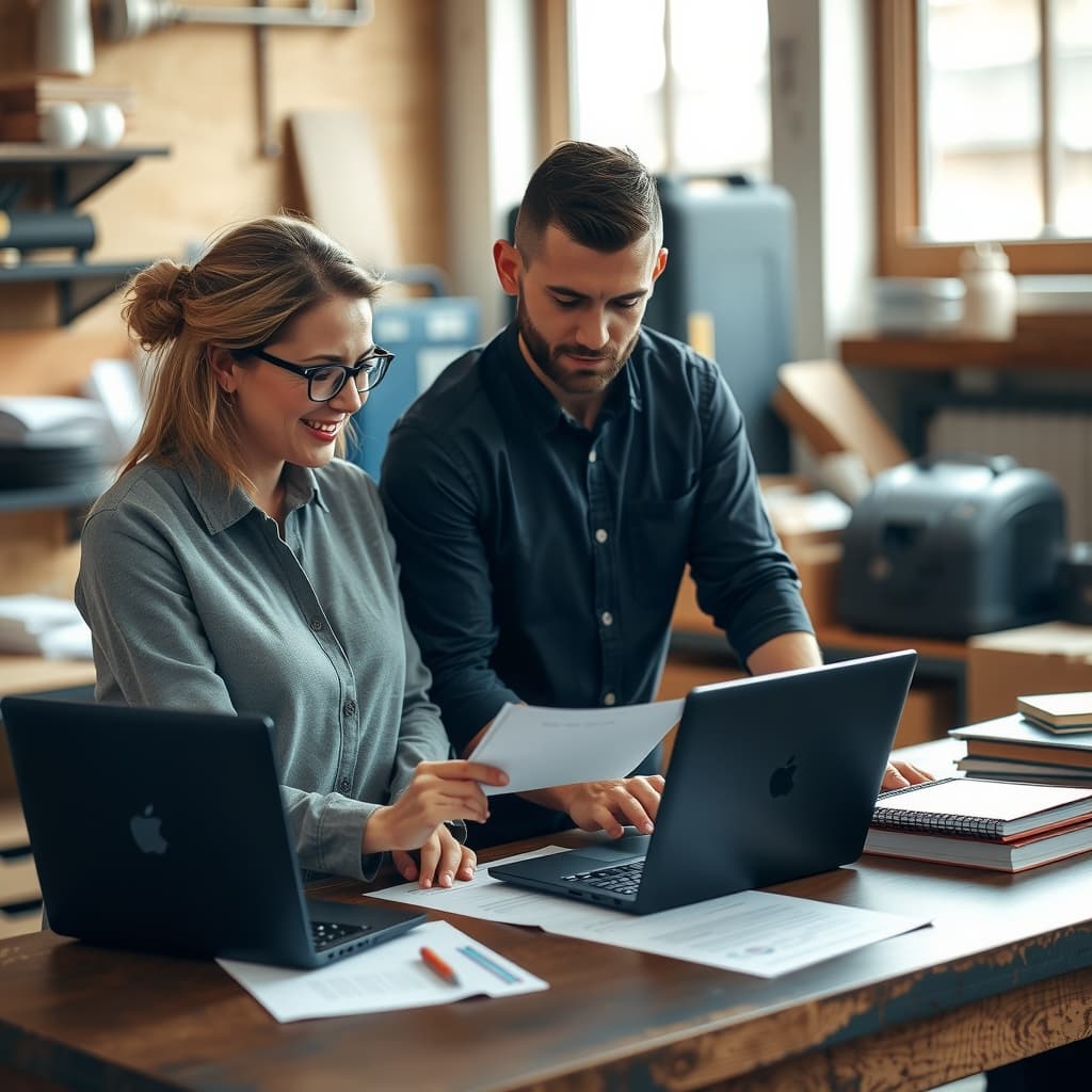Small business owner and accountant working through records together