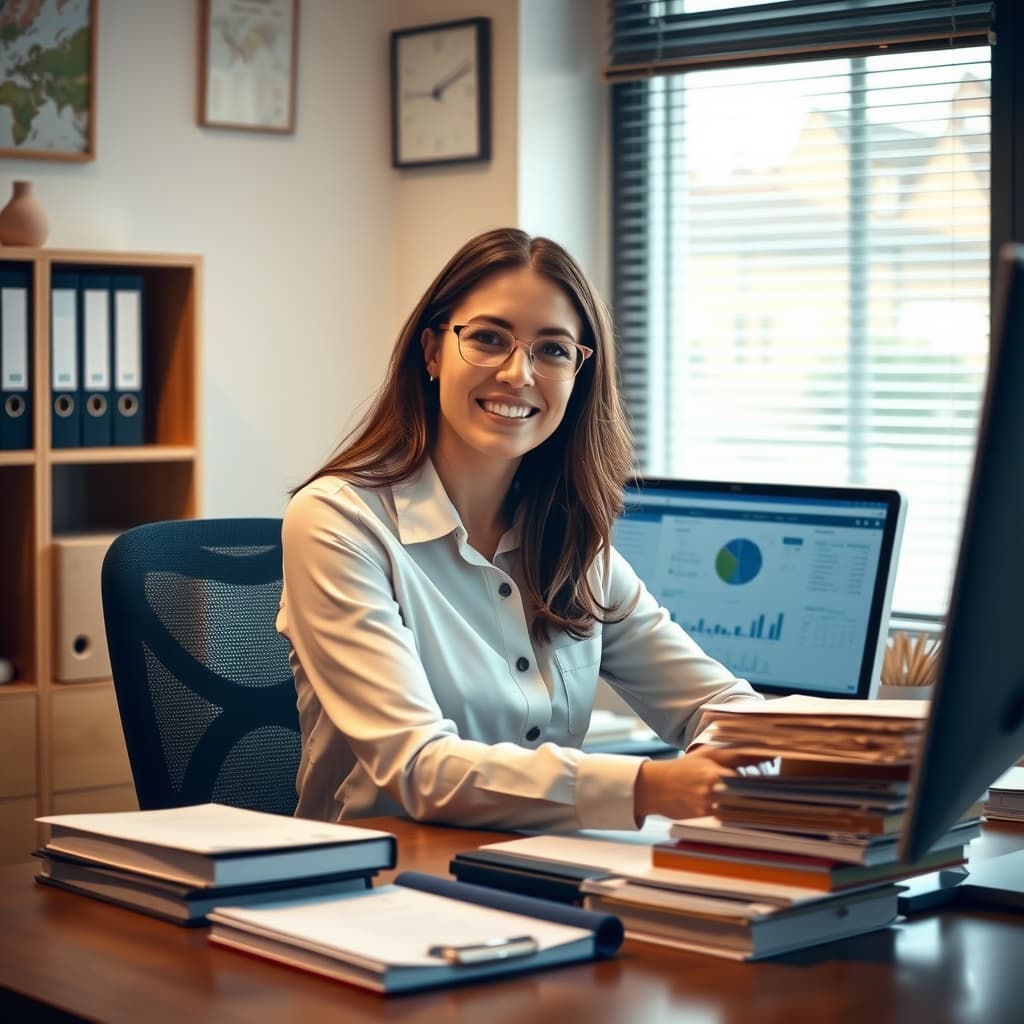 Bookkeeper working at a computer with business records