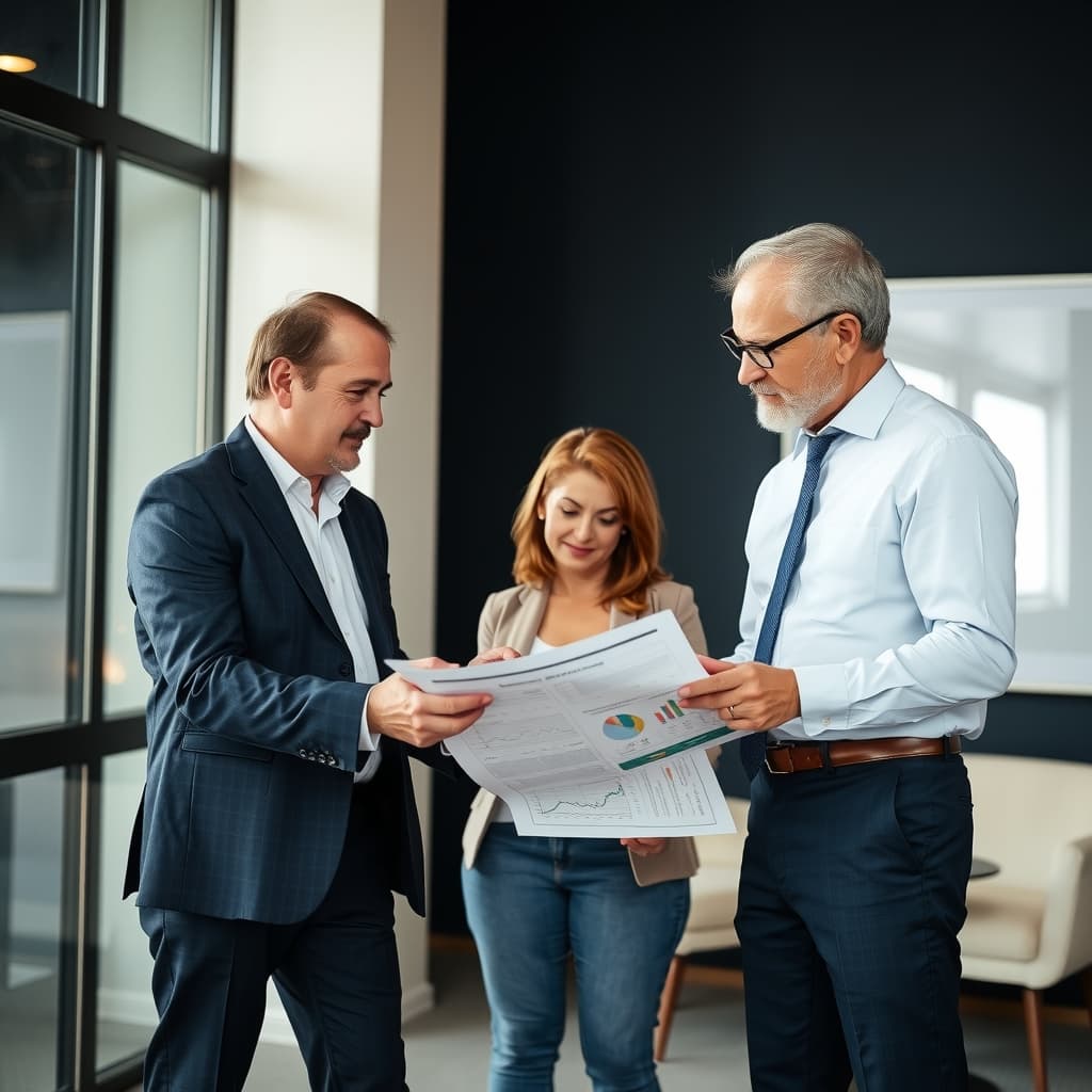 Accountant discussing business performance with two small business owners