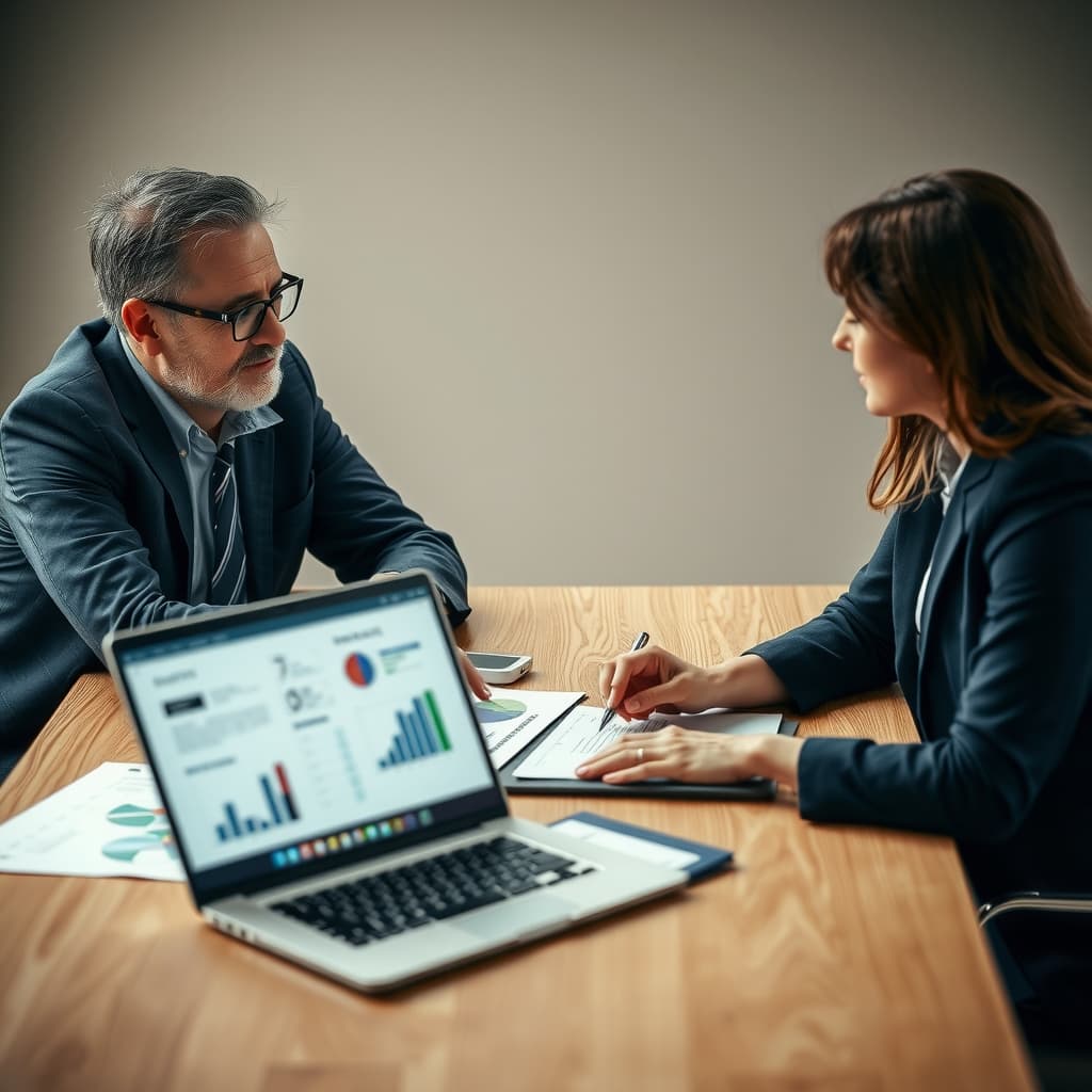 Business owner and adviser discussing financial statements together