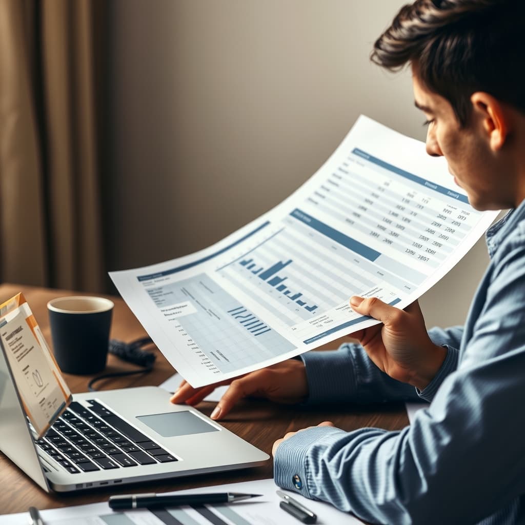 Accountant reviewing a set of financial reports at a desk