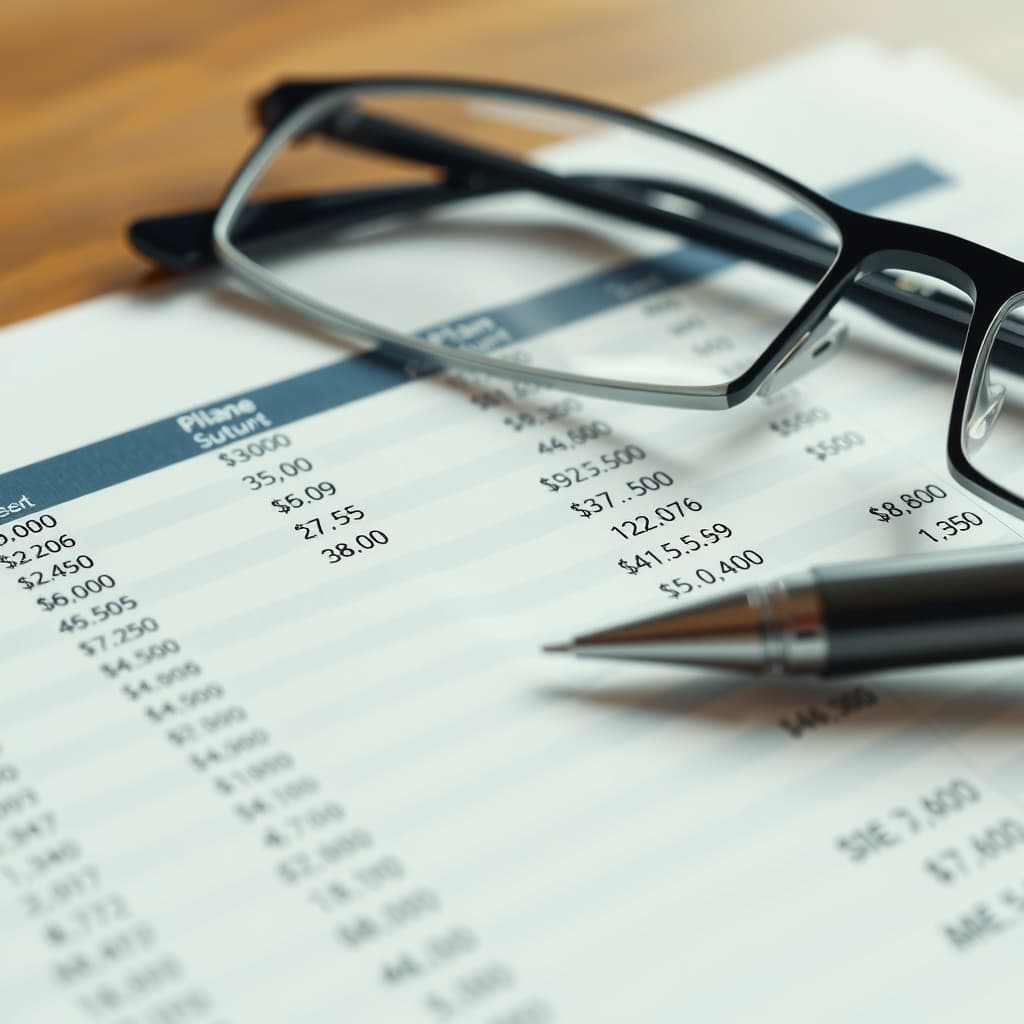 Printed profit and loss statement on a desk with a pen resting on it